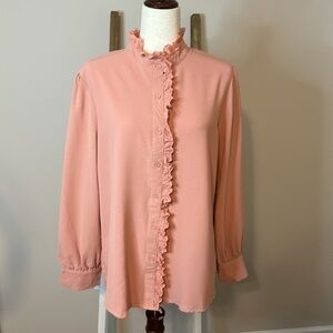 Women's Peach Long Sleeve Button Down Blouse with Ruffle Details Size Large VGUC